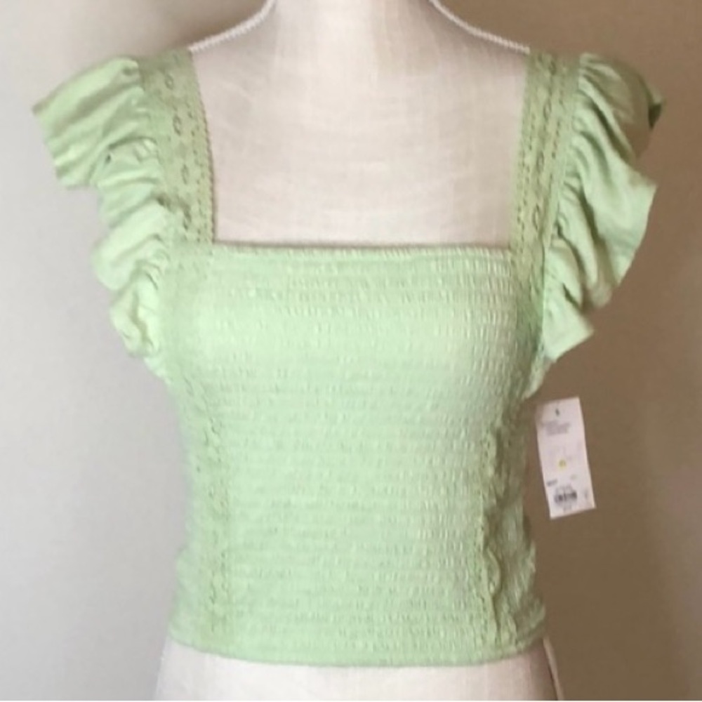 SO Junior Medium Green Crop Top Smocked Crochet Lace Ruffle Sleeves NWT